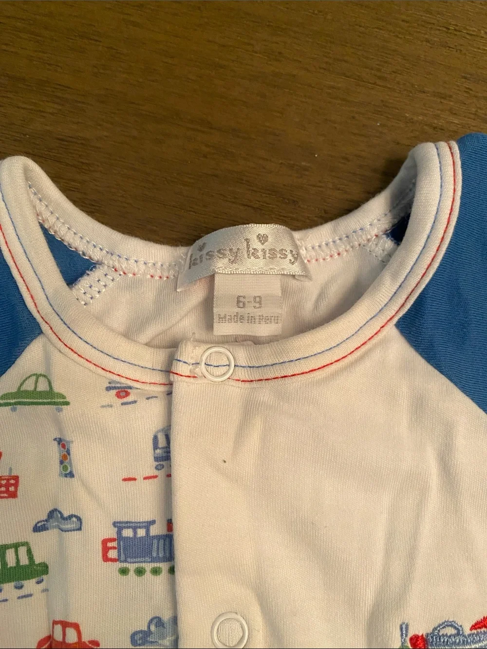 Vintage Kissy Kissy Blue & White Short-Sleeve Vehicle Print Romper